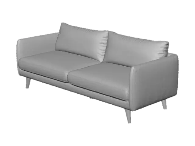 3D model for 一个北欧极简风格的淡绿色沙发，线条流畅简洁，坐垫和靠背饱满而平整，呈现出一种舒适而低调的优雅。沙发面料是带有细腻纹理的亚麻或棉麻混纺，触感柔软而亲肤，颜色为柔和的淡绿色，散发出宁静的自然气息。支撑沙发的四条腿由浅色实木制成，通常是圆柱形或锥形，表面打磨光滑，展现出木材的天然纹理和温暖质感，整体造型轻盈而稳固。