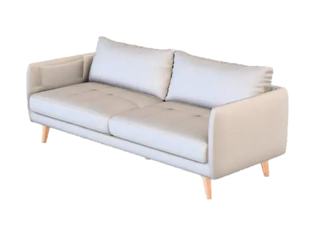 3D model for 一个北欧极简风格的淡绿色沙发，线条流畅简洁，坐垫和靠背饱满而平整，呈现出一种舒适而低调的优雅。沙发面料是带有细腻纹理的亚麻或棉麻混纺，触感柔软而亲肤，颜色为柔和的淡绿色，散发出宁静的自然气息。支撑沙发的四条腿由浅色实木制成，通常是圆柱形或锥形，表面打磨光滑，展现出木材的天然纹理和温暖质感，整体造型轻盈而稳固。