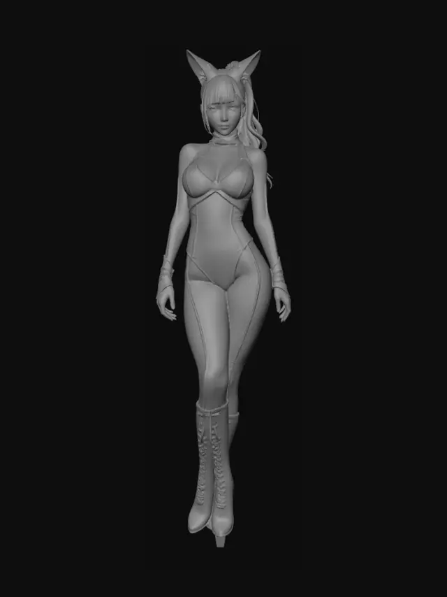 3D model for Model Feixiao as an athletic yet overtly feminine adult female about 7–7.5 head lengths tall with an exaggerated hourglass silhouette: narrow cinched waist, fuller hips, bountiful chest projection and leg‑driven proportions. Her face is narrow‑oval with high cheekbones, a tapered chin, well‑arched brows and almond upturned eyes defined by thin winged eyeliner and a faint smoky lid wash; cheeks and lips implied by form rather than color. Hair is medium‑long gathered into a high slightly off‑center ponytail with crown volume and loose face‑framing strands. Fox ears sit symmetrically above the temporal line, forward‑tilted and integrated into the scalp with short fur cuffs. Prioritize clear silhouette, plane transitions, and sculptural volumes for printing. Golden Week Bikini. No fox tail.