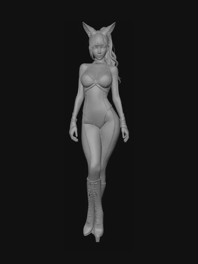 3D model for Model Feixiao as an athletic yet overtly feminine adult female about 7–7.5 head lengths tall with an exaggerated hourglass silhouette: narrow cinched waist, fuller hips, bountiful chest projection and leg‑driven proportions. Her face is narrow‑oval with high cheekbones, a tapered chin, well‑arched brows and almond upturned eyes defined by thin winged eyeliner and a faint smoky lid wash; cheeks and lips implied by form rather than color. Hair is medium‑long gathered into a high slightly off‑center ponytail with crown volume and loose face‑framing strands. Fox ears sit symmetrically above the temporal line, forward‑tilted and integrated into the scalp with short fur cuffs. Prioritize clear silhouette, plane transitions, and sculptural volumes for printing. Golden Week Bikini. No fox tail.