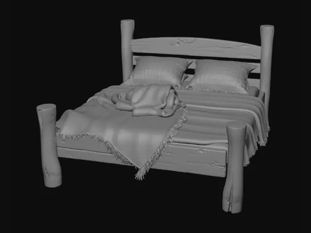 3D model for Photorealistic single wooden bed that looks slightly ramshackle and is suitable for a medieval peasant.  Bedding should be slightly shabby.