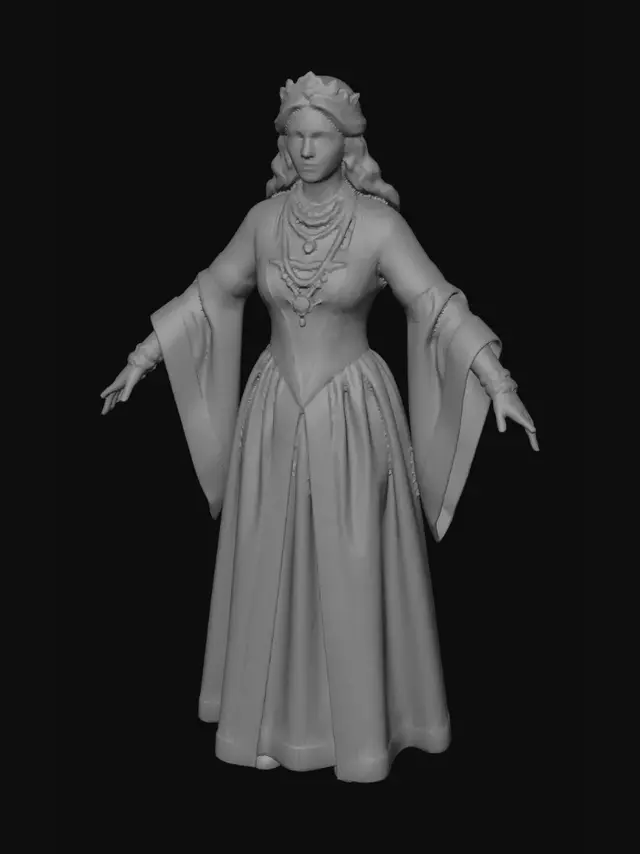 3D model for full character photorealistic beautiful medieval queen with red hair and stunning green eyes and lightly tanned skin. She is 40 years old and wearing a colorful ornate gown with gold trim. She is wearing her tiara and several necklaces and rings, standing in standard A pose for game readiness. Should be visible from head to toe in front view