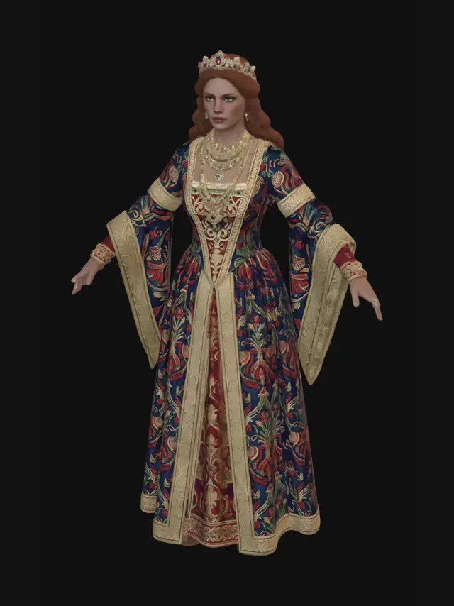 3D model for full character photorealistic beautiful medieval queen with red hair and stunning green eyes and lightly tanned skin. She is 40 years old and wearing a colorful ornate gown with gold trim. She is wearing her tiara and several necklaces and rings, standing in standard A pose for game readiness. Should be visible from head to toe in front view