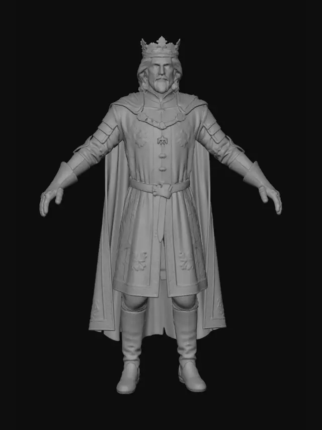3D model for photorealistic handsome medieval king with black hair and goatee and blue eyes. He should be around 40 years old and be wearing ornate royal garb in shades of royal blue and gold. He should be wearing his crown. He should be standing in standard A pose.