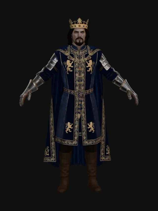 3D model for photorealistic handsome medieval king with black hair and goatee and blue eyes. He should be around 40 years old and be wearing ornate royal garb in shades of royal blue and gold. He should be wearing his crown. He should be standing in standard A pose.