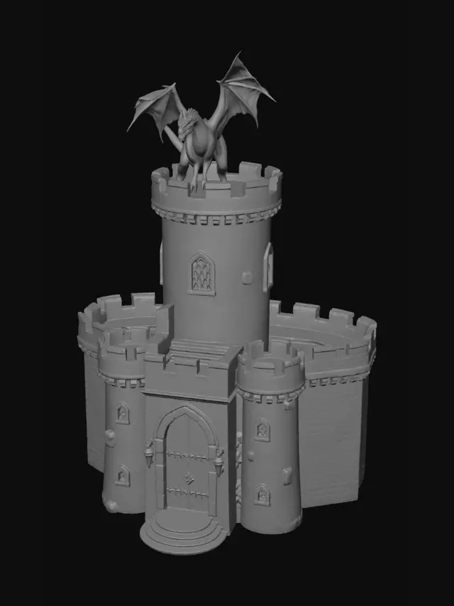 3D model for make a 3d printable model of a fantasy medieval castle with a dragon on the tower