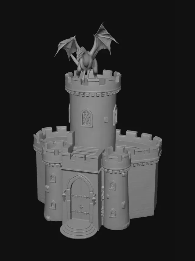 3D model for make a 3d printable model of a fantasy medieval castle with a dragon on the tower