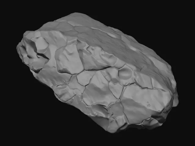 3D model for Prompt:Jagged and highly irregular space rock fragment, fractured asteroid shard, hyper-realistic 3D asset. Sharp broken edges, deep crevices, chaotic non-spherical geometric silhouette, elongated shape. Heavily cratered and weathered surface, dark charcoal grey and dusty brown regolith texture. PBR material, rough volcanic rock surface, realistic deep impact scars, ancient cosmic debris. High fidelity.Negative Prompt:sphere, ball, round, circle, globe, perfect symmetry, smooth, planet, low-poly, stylized, cartoon.