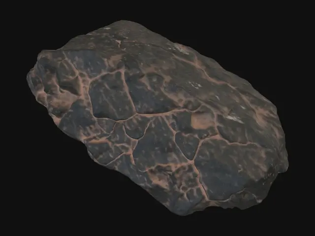 3D model for Prompt:Jagged and highly irregular space rock fragment, fractured asteroid shard, hyper-realistic 3D asset. Sharp broken edges, deep crevices, chaotic non-spherical geometric silhouette, elongated shape. Heavily cratered and weathered surface, dark charcoal grey and dusty brown regolith texture. PBR material, rough volcanic rock surface, realistic deep impact scars, ancient cosmic debris. High fidelity.Negative Prompt:sphere, ball, round, circle, globe, perfect symmetry, smooth, planet, low-poly, stylized, cartoon.