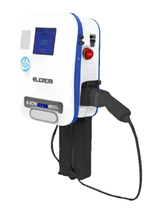 A wall-mountable EV charger with a smooth, white, rounded rectangular body… 3D model, vytvořený pomocí AI