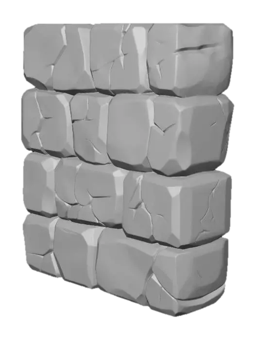 3D model for Cartoon ice wall, thick chunky ice blocks stacked together,
light blue and cyan translucent ice,
glossy shiny surface, toon style,
cracks and fracture lines on surface,
low poly mobile game asset,
bold clean silhouette, no decorations,
simple rectangular wall shape