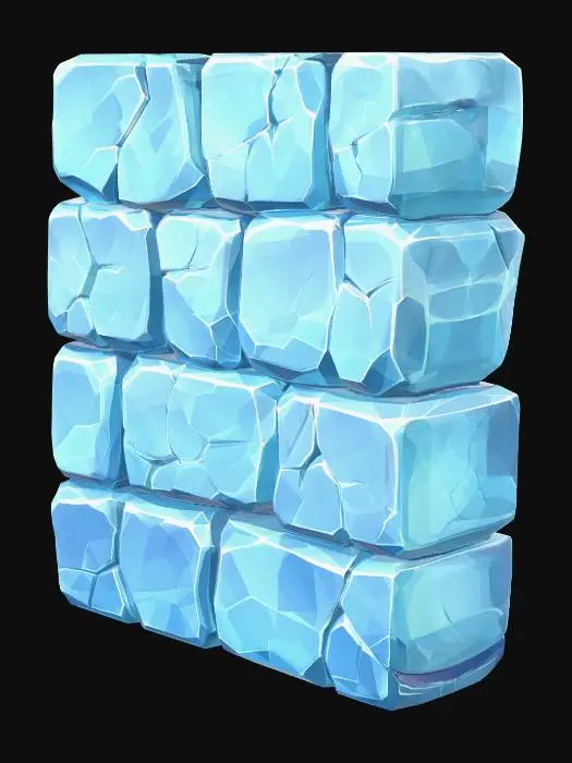 3D model for Cartoon ice wall, thick chunky ice blocks stacked together,
light blue and cyan translucent ice,
glossy shiny surface, toon style,
cracks and fracture lines on surface,
low poly mobile game asset,
bold clean silhouette, no decorations,
simple rectangular wall shape