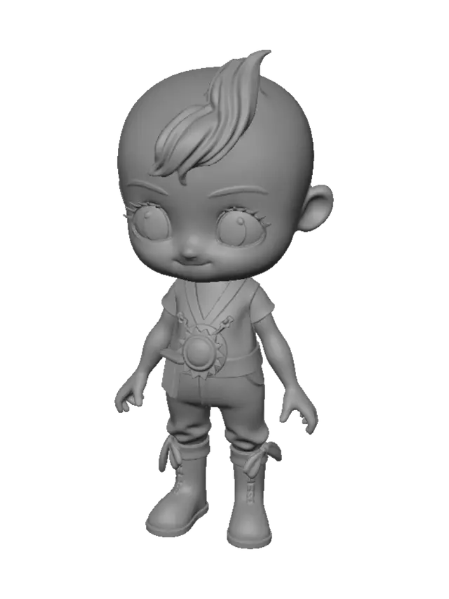 3D model for Full body 3D stylized character model of Lumi, a cute magical light creature child, centered T-pose, isometric front view. Glowing warm golden-yellow skin, rounded oversized head, cute expressive large hazel brown eyes, soft golden eyebrows, small smile. On top of head: a single soft rounded flame hair tuft swooping gracefully upwards. Wearing a simple fantasy beige/ivory overall outfit, gold belt with a neat sun symbol emblem centered on chest, simple matching ivory boots. Clean symmetrical topology, smooth stylized 3D CGI Pixar style, soft volumetric glowing lighting, desaturated soft pastel background, isolated character asset, high resolution, ultra detailed render, no background noise, no distortion.
