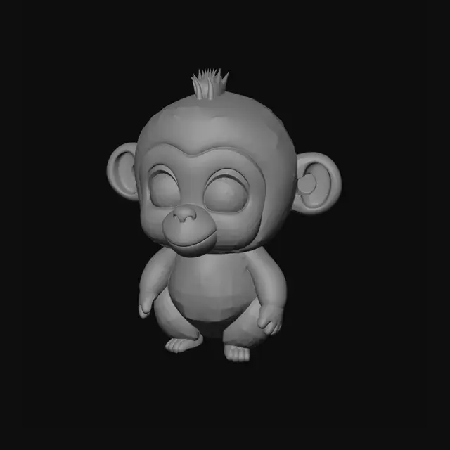 3D model for Ultra cute chibi monkey mascot, inspired by premium collectible blind-box toys, giant glossy eyes filled with stars and sparkles, cream-yellow fur suit, peach face and belly, round baby proportions, oversized head, tiny arms and legs, soft rounded forms, sweet smile, kawaii aesthetic, designer vinyl toy, smooth surfaces, clean mesh, simple geometry, highly stylized, front-facing A-pose, toy-quality 3D character, adorable and charming, perfect for 3D printing and game assets.