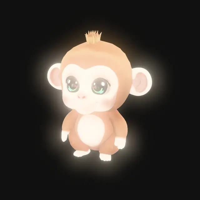 3D model for Ultra cute chibi monkey mascot, inspired by premium collectible blind-box toys, giant glossy eyes filled with stars and sparkles, cream-yellow fur suit, peach face and belly, round baby proportions, oversized head, tiny arms and legs, soft rounded forms, sweet smile, kawaii aesthetic, designer vinyl toy, smooth surfaces, clean mesh, simple geometry, highly stylized, front-facing A-pose, toy-quality 3D character, adorable and charming, perfect for 3D printing and game assets.