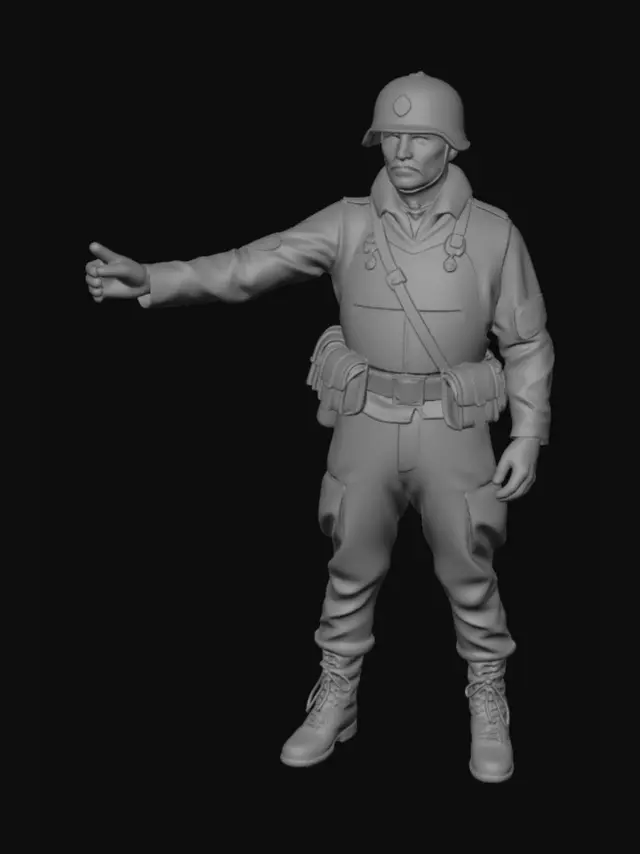 3D model for Солдат советской Армии времён Великой Отечественной войны. Т поза. Солдат разведчик, у него есть каска и металлическая броня спереди на груди.