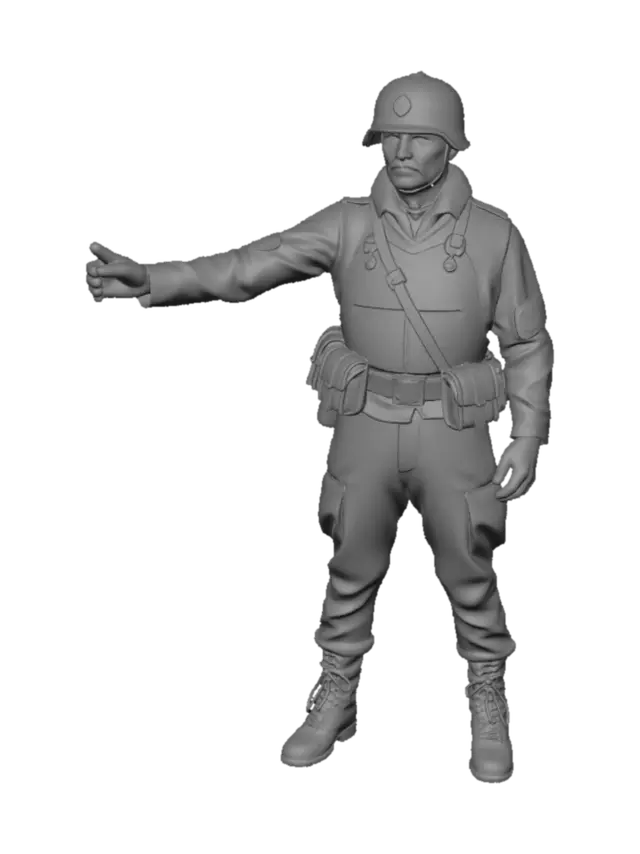 3D model for Солдат советской Армии времён Великой Отечественной войны. Т поза. Солдат разведчик, у него есть каска и металлическая броня спереди на груди.