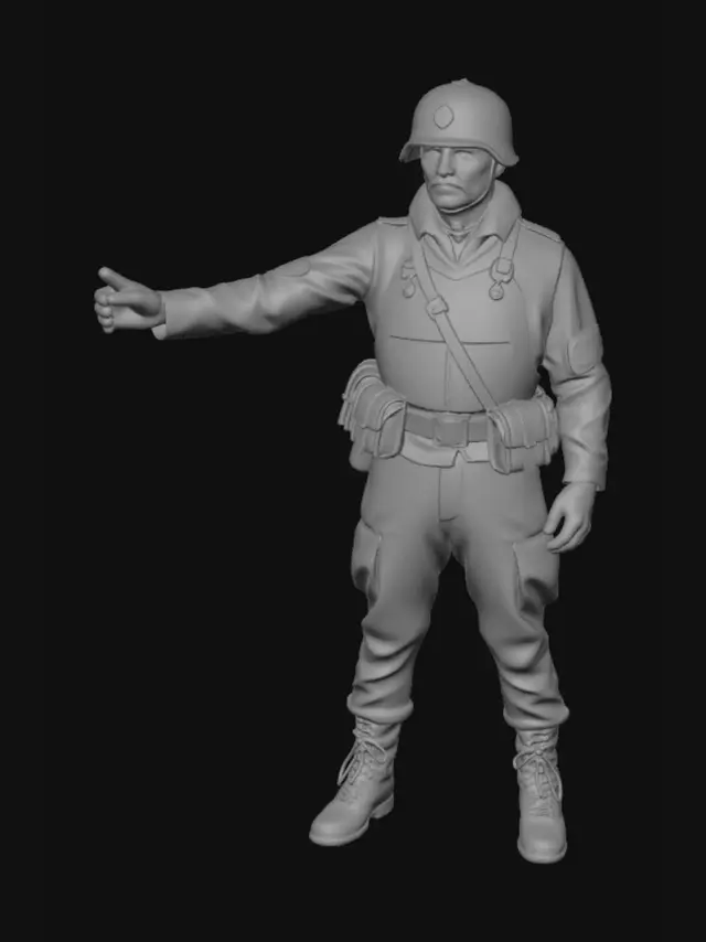 3D model for Солдат советской Армии времён Великой Отечественной войны. Т поза. Солдат разведчик, у него есть каска и металлическая броня спереди на груди.