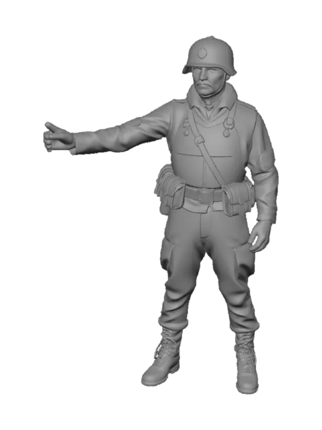 3D model for Солдат советской Армии времён Великой Отечественной войны. Т поза. Солдат разведчик, у него есть каска и металлическая броня спереди на груди.