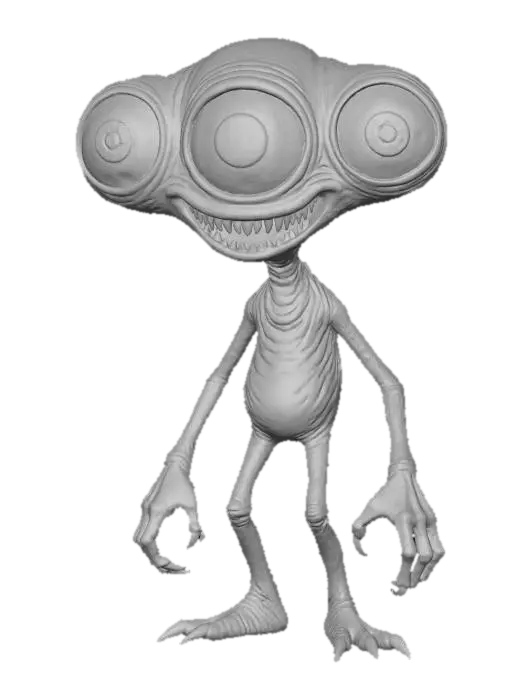 3D model for Forest Watcher, green veiny skin, large blue eyes, raggedy teeth, dark nails, veiny eyeballs, #Halloween2025#