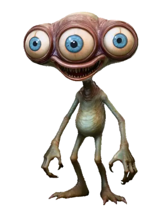 3D model for Forest Watcher, green veiny skin, large blue eyes, raggedy teeth, dark nails, veiny eyeballs, #Halloween2025#