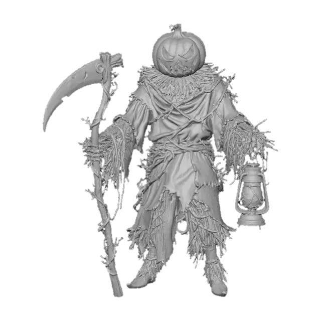 3D model for Pumpkin Reaper, Samhain, hay body, lantern, jute clothes, rusty scythe with wooden handle, yellow glow from eyes and mouth, #Halloween2025#