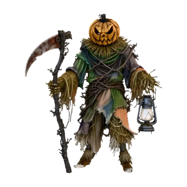3D model for Pumpkin Reaper, Samhain, hay body, lantern, jute clothes, rusty scythe with wooden handle, yellow glow from eyes and mouth, #Halloween2025#