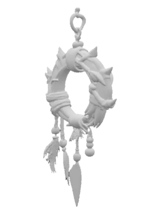 3D model for A grotesque tribal goblin earring infused with shamanic energy and gothic undertones, crafted from twisted bone and tarnished bronze, shaped into a cruel crescent hook that pierces the ear. From it dangles a small shard of cracked obsidian wrapped in sinew cords, adorned with tiny teeth, feathers, and beads stained with ritual dyes. Dark runes are etched faintly into the metal, pulsing with a sickly green glow, giving the impression of necromantic power. The design feels both tribal and occult, merging primitive craftsmanship with a sinister aura of undeath. The textures are rough, worn, and ancient, exuding mysticism and decay, designed in a semi-realistic 3D stylized style, fully detailed for 3D modeling and animation workflows.