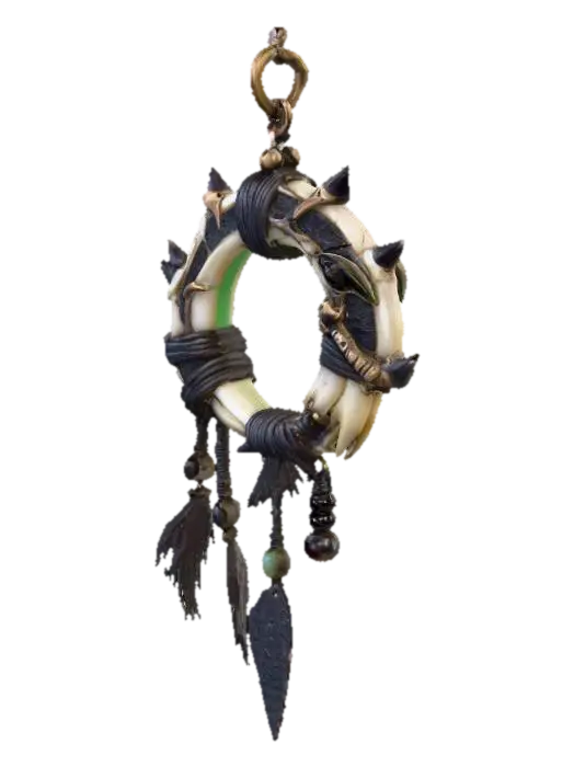 3D model for A grotesque tribal goblin earring infused with shamanic energy and gothic undertones, crafted from twisted bone and tarnished bronze, shaped into a cruel crescent hook that pierces the ear. From it dangles a small shard of cracked obsidian wrapped in sinew cords, adorned with tiny teeth, feathers, and beads stained with ritual dyes. Dark runes are etched faintly into the metal, pulsing with a sickly green glow, giving the impression of necromantic power. The design feels both tribal and occult, merging primitive craftsmanship with a sinister aura of undeath. The textures are rough, worn, and ancient, exuding mysticism and decay, designed in a semi-realistic 3D stylized style, fully detailed for 3D modeling and animation workflows.