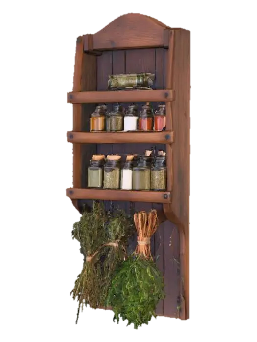 a rustic spice rack with herbs tied to the bottom drying, made of dark wood materials in a… 3D model, AI generated
