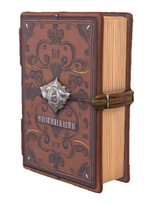 The Book of Bagagwa, Spellbook is made of leather, silver, and wood, feline, fantasy,… 3D model, AI generated