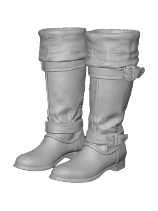 3D model for High pirate captain boots, dark worn brown leather with lighter suede folded cuffs, tarnished metal buckles, one boot standing and one lying on its side. Semi-realistic, white background, soft lighting, 3/4 view, game asset reference style.
