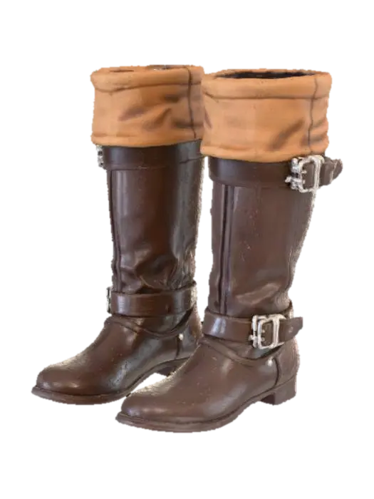 3D model for High pirate captain boots, dark worn brown leather with lighter suede folded cuffs, tarnished metal buckles, one boot standing and one lying on its side. Semi-realistic, white background, soft lighting, 3/4 view, game asset reference style.