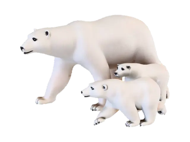 polar bear with smooth texture fur and 2 cubs with 4 legs each on snow, no base - Mother 3D model, vytvořený pomocí AI