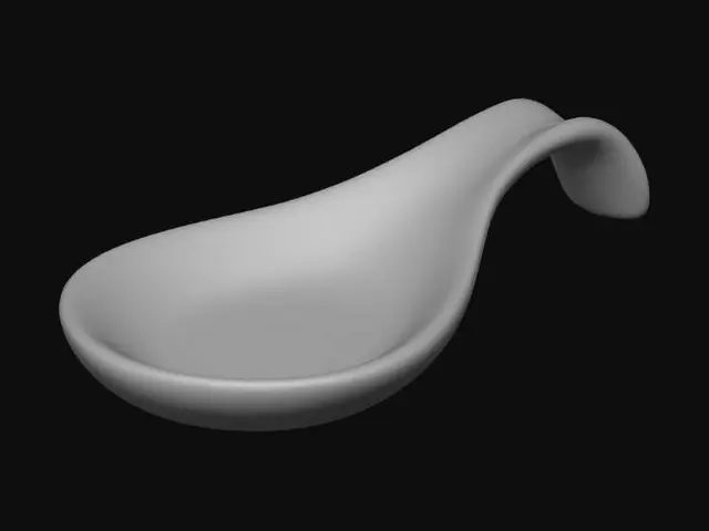 3D model for Spoon rest, is an oval bowl with shallow sides, one end has a recess to hold a spoon handle, the material is 4mm thick