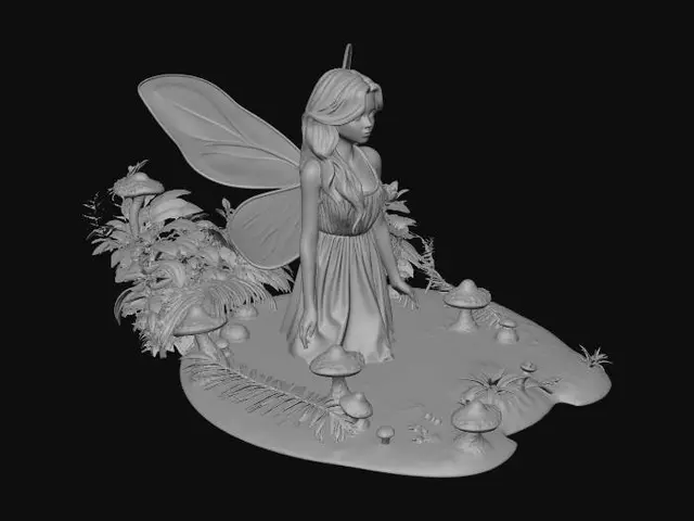 3D model for Create a desktop display, featuring a fairy emerging from a woodland pool that is fed from a small waterfall, she is surrounded by ferns, mushrooms and other wild flowers, she is wearing a cotton dress that while wet clings to her lithe figure, she has blond wavy hair down her back. Her breasts are medium size,