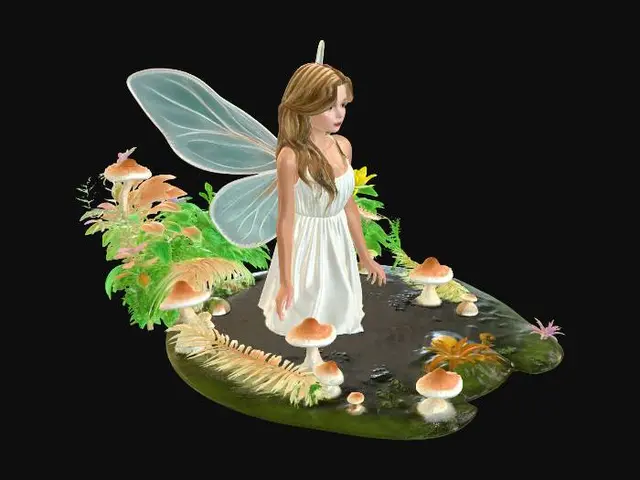3D model for Create a desktop display, featuring a fairy emerging from a woodland pool that is fed from a small waterfall, she is surrounded by ferns, mushrooms and other wild flowers, she is wearing a cotton dress that while wet clings to her lithe figure, she has blond wavy hair down her back. Her breasts are medium size,