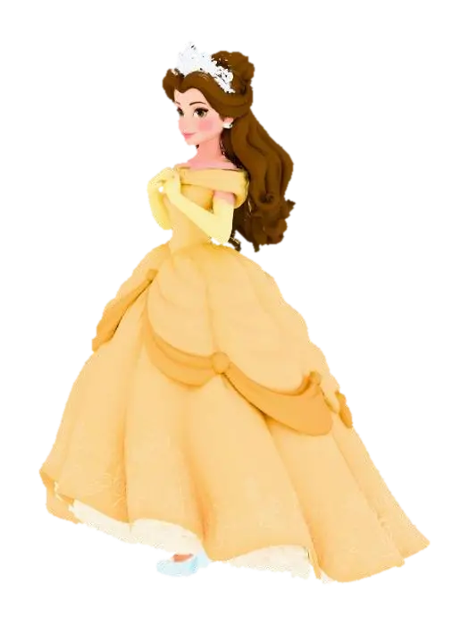 Belle in a flowing pale yellow gown with crystal slippers and a diamond tiara her… - Fairytale 3D model, vytvořený pomocí AI
