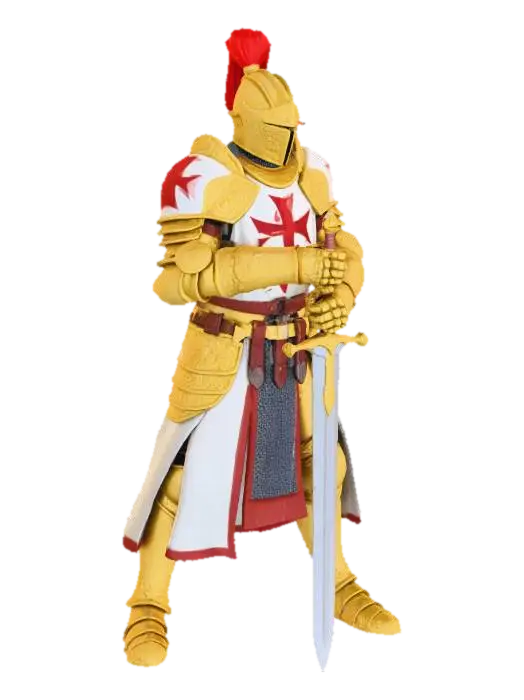 Knight in golden armour with a crusader cross red on white, holding a broadsword… 3D model, vytvořený pomocí AI