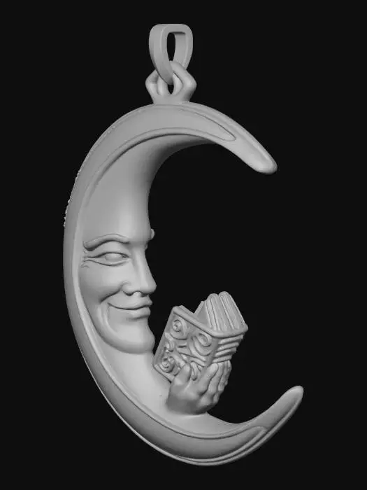 3D model for Man in the moon, crescent shape with the face on the inside curve, he is reading a book, colours of gold, red, all in profile, with an eye on the top for hanging on a tree