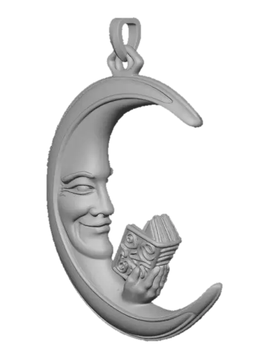 3D model for Man in the moon, crescent shape with the face on the inside curve, he  is reading a book, colours of gold, red, all in profile, with an eye on the top for hanging on a tree