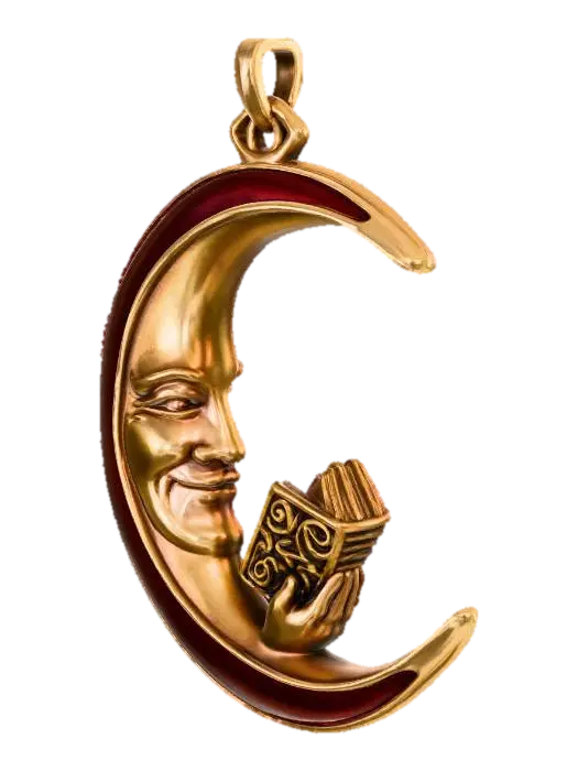 3D model for Man in the moon, crescent shape with the face on the inside curve, he  is reading a book, colours of gold, red, all in profile, with an eye on the top for hanging on a tree