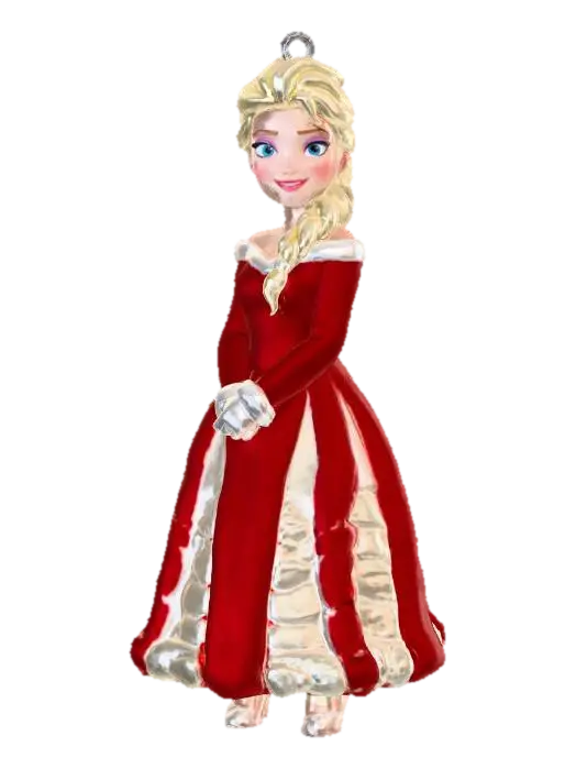 Frozen Elsa,as a christmas tree ornament, in a Santa dress, an eyelet on top of her… 3D model, vytvořený pomocí AI