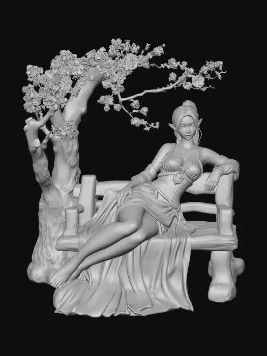 3D model for a female elf in cream coloured dress, her hair in a ponytail reclines on a wooden bench underneath a Cherry tree, she is looking directly at the viewer, photorealistic