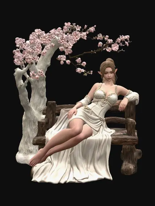 3D model for a female elf in cream coloured dress, her hair in a ponytail reclines on a wooden bench underneath a Cherry tree, she is looking directly at the viewer, photorealistic