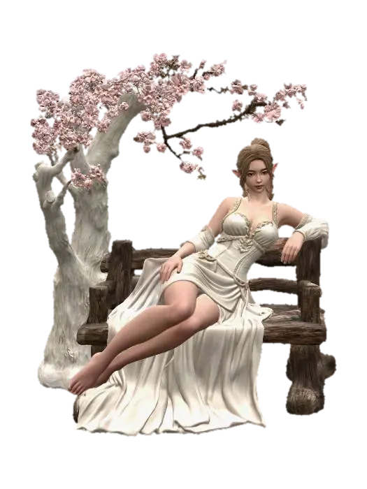 a female elf in cream coloured dress, her hair in a ponytail reclines on a wooden… 3D model, vytvořený pomocí AI