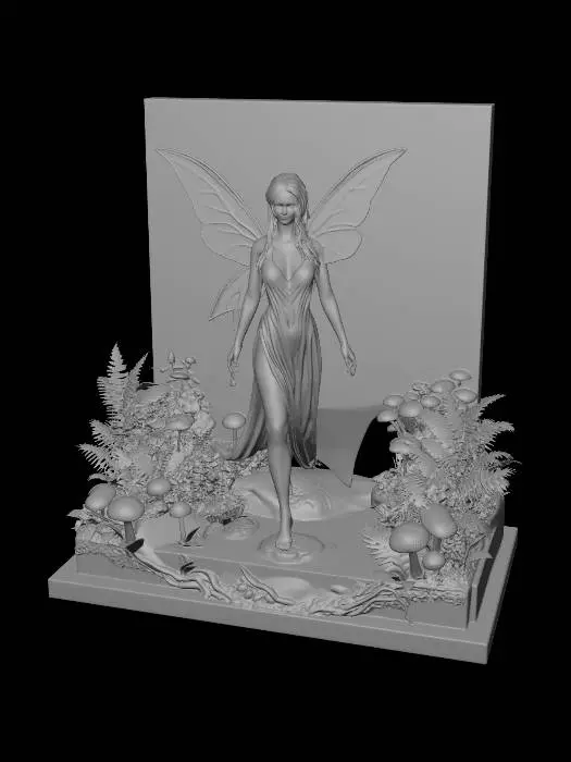 3D model for Create a diorama of a beautiful fairy exits from a stream in a woodland setting with mushrooms ferns mosses and wildflowers, the water still drips from her hair and body, she is wearing a light cotton gown cream colour that is wet and clings to her body