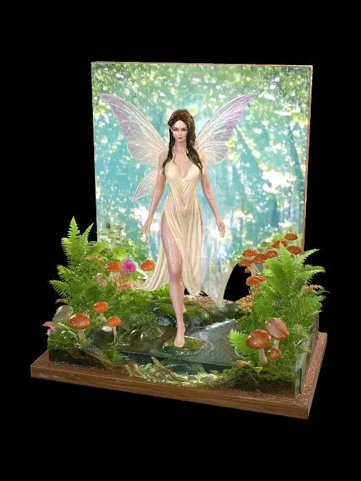 3D model for Create a diorama of a beautiful fairy exits from a stream in a woodland setting with mushrooms ferns mosses and wildflowers, the water still drips from her hair and body, she is wearing a light cotton gown cream colour that is wet and clings to her body