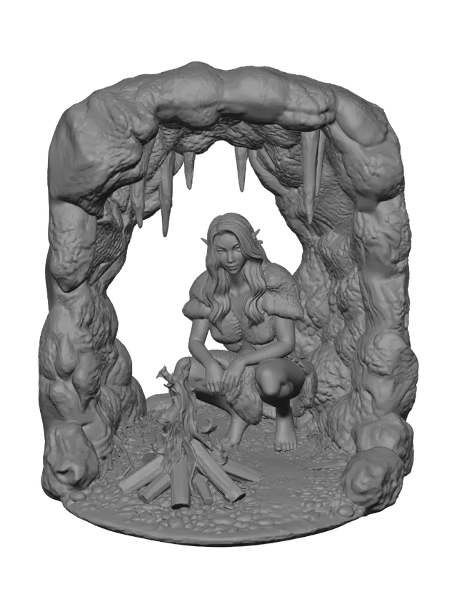 3D model for make a diorama, a cavewoman in an open cavern squatting in front of a camp fire