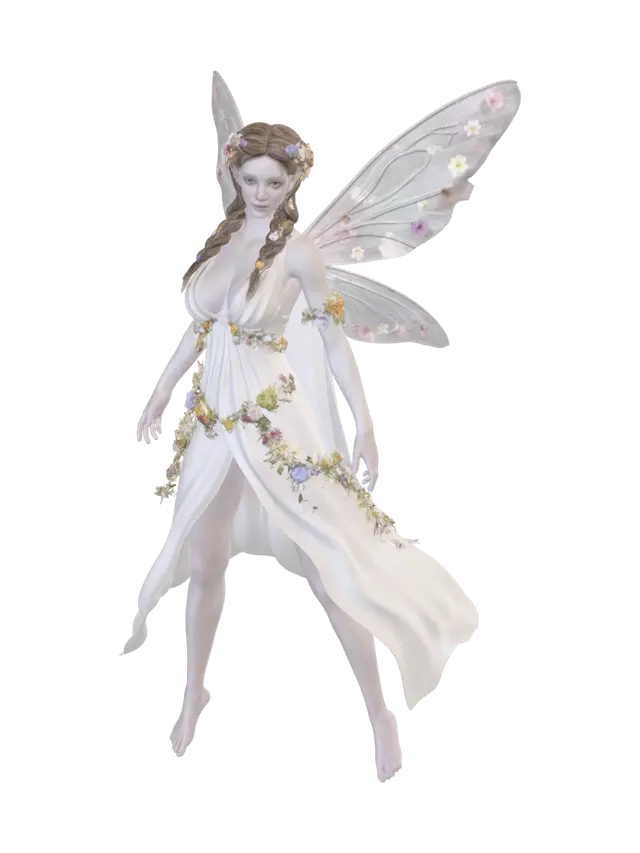 3D model for a beautiful woodland fairy in a standing posture but not standing on anything, her legs are apart, she is clothed in ethereal white silk and adorned with wild flowers, she has a beautiful figure, slim with a large bust